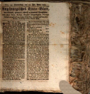 Augsburgische Ordinari Postzeitung von Staats-, gelehrten, historisch- u. ökonomischen Neuigkeiten (Augsburger Postzeitung) Donnerstag 17. Januar 1782