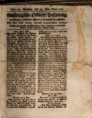 Augsburgische Ordinari Postzeitung von Staats-, gelehrten, historisch- u. ökonomischen Neuigkeiten (Augsburger Postzeitung) Samstag 23. Februar 1782