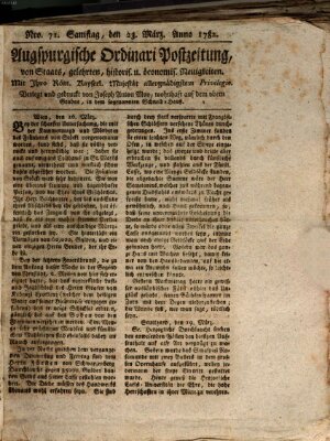 Augsburgische Ordinari Postzeitung von Staats-, gelehrten, historisch- u. ökonomischen Neuigkeiten (Augsburger Postzeitung) Samstag 23. März 1782