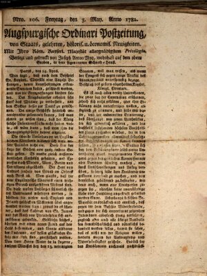 Augsburgische Ordinari Postzeitung von Staats-, gelehrten, historisch- u. ökonomischen Neuigkeiten (Augsburger Postzeitung) Freitag 3. Mai 1782