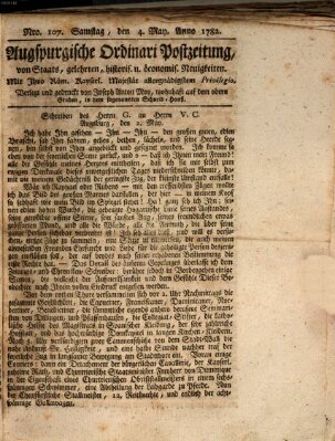 Augsburgische Ordinari Postzeitung von Staats-, gelehrten, historisch- u. ökonomischen Neuigkeiten (Augsburger Postzeitung) Samstag 4. Mai 1782