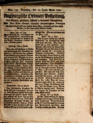 Augsburgische Ordinari Postzeitung von Staats-, gelehrten, historisch- u. ökonomischen Neuigkeiten (Augsburger Postzeitung) Samstag 22. Juni 1782