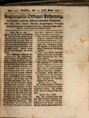 Augsburgische Ordinari Postzeitung von Staats-, gelehrten, historisch- u. ökonomischen Neuigkeiten (Augsburger Postzeitung) Samstag 13. Juli 1782