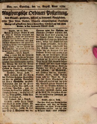 Augsburgische Ordinari Postzeitung von Staats-, gelehrten, historisch- u. ökonomischen Neuigkeiten (Augsburger Postzeitung) Samstag 10. August 1782