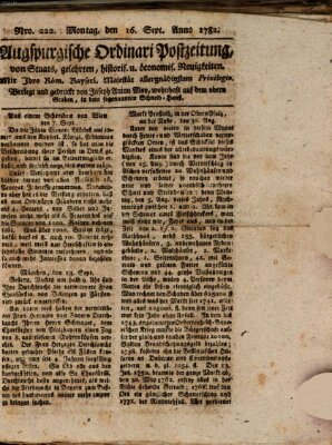 Augsburgische Ordinari Postzeitung von Staats-, gelehrten, historisch- u. ökonomischen Neuigkeiten (Augsburger Postzeitung) Montag 16. September 1782