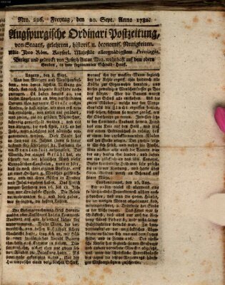 Augsburgische Ordinari Postzeitung von Staats-, gelehrten, historisch- u. ökonomischen Neuigkeiten (Augsburger Postzeitung) Freitag 20. September 1782