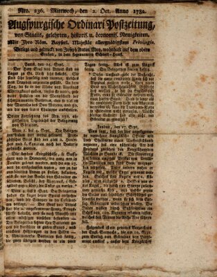 Augsburgische Ordinari Postzeitung von Staats-, gelehrten, historisch- u. ökonomischen Neuigkeiten (Augsburger Postzeitung) Mittwoch 2. Oktober 1782