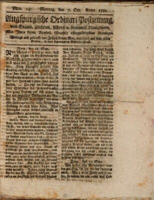 Augsburgische Ordinari Postzeitung von Staats-, gelehrten, historisch- u. ökonomischen Neuigkeiten (Augsburger Postzeitung) Montag 7. Oktober 1782