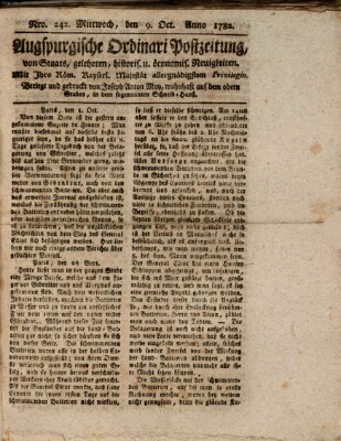 Augsburgische Ordinari Postzeitung von Staats-, gelehrten, historisch- u. ökonomischen Neuigkeiten (Augsburger Postzeitung) Mittwoch 9. Oktober 1782