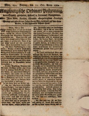 Augsburgische Ordinari Postzeitung von Staats-, gelehrten, historisch- u. ökonomischen Neuigkeiten (Augsburger Postzeitung) Freitag 11. Oktober 1782