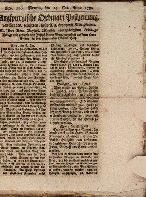 Augsburgische Ordinari Postzeitung von Staats-, gelehrten, historisch- u. ökonomischen Neuigkeiten (Augsburger Postzeitung) Montag 14. Oktober 1782