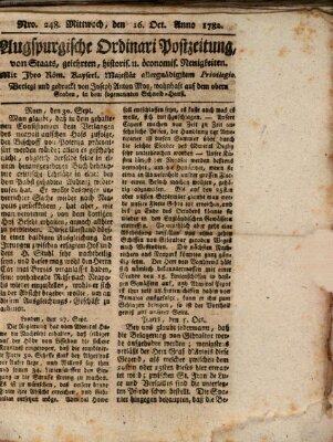 Augsburgische Ordinari Postzeitung von Staats-, gelehrten, historisch- u. ökonomischen Neuigkeiten (Augsburger Postzeitung) Mittwoch 16. Oktober 1782