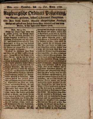 Augsburgische Ordinari Postzeitung von Staats-, gelehrten, historisch- u. ökonomischen Neuigkeiten (Augsburger Postzeitung) Samstag 19. Oktober 1782