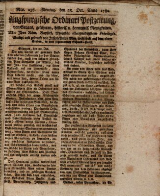 Augsburgische Ordinari Postzeitung von Staats-, gelehrten, historisch- u. ökonomischen Neuigkeiten (Augsburger Postzeitung) Montag 28. Oktober 1782