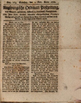 Augsburgische Ordinari Postzeitung von Staats-, gelehrten, historisch- u. ökonomischen Neuigkeiten (Augsburger Postzeitung) Samstag 2. November 1782