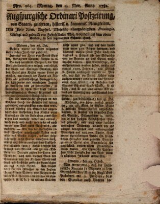 Augsburgische Ordinari Postzeitung von Staats-, gelehrten, historisch- u. ökonomischen Neuigkeiten (Augsburger Postzeitung) Montag 4. November 1782