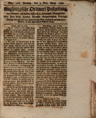 Augsburgische Ordinari Postzeitung von Staats-, gelehrten, historisch- u. ökonomischen Neuigkeiten (Augsburger Postzeitung) Freitag 8. November 1782