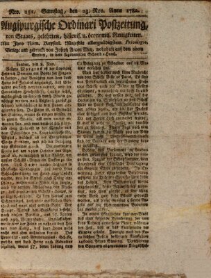 Augsburgische Ordinari Postzeitung von Staats-, gelehrten, historisch- u. ökonomischen Neuigkeiten (Augsburger Postzeitung) Samstag 23. November 1782