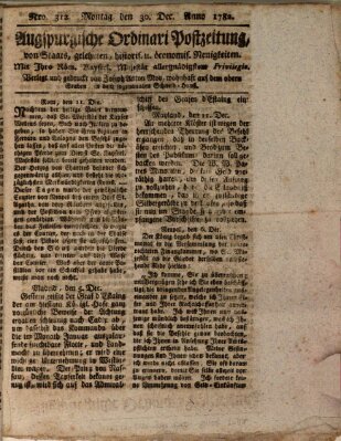 Augsburgische Ordinari Postzeitung von Staats-, gelehrten, historisch- u. ökonomischen Neuigkeiten (Augsburger Postzeitung) Montag 30. Dezember 1782