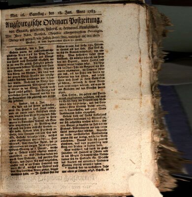 Augsburgische Ordinari Postzeitung von Staats-, gelehrten, historisch- u. ökonomischen Neuigkeiten (Augsburger Postzeitung) Samstag 18. Januar 1783