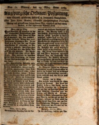 Augsburgische Ordinari Postzeitung von Staats-, gelehrten, historisch- u. ökonomischen Neuigkeiten (Augsburger Postzeitung) Montag 24. März 1783