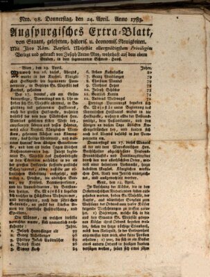 Augsburgische Ordinari Postzeitung von Staats-, gelehrten, historisch- u. ökonomischen Neuigkeiten (Augsburger Postzeitung) Donnerstag 24. April 1783