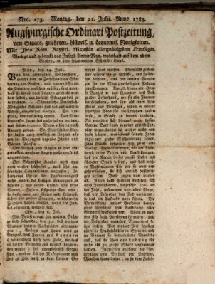 Augsburgische Ordinari Postzeitung von Staats-, gelehrten, historisch- u. ökonomischen Neuigkeiten (Augsburger Postzeitung) Montag 21. Juli 1783