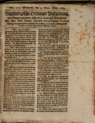 Augsburgische Ordinari Postzeitung von Staats-, gelehrten, historisch- u. ökonomischen Neuigkeiten (Augsburger Postzeitung) Mittwoch 3. September 1783