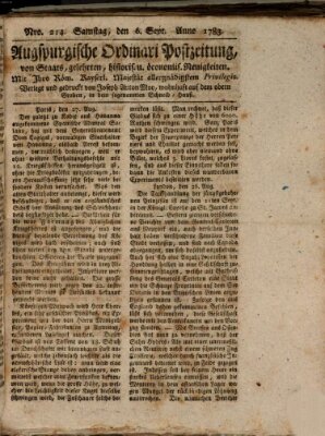 Augsburgische Ordinari Postzeitung von Staats-, gelehrten, historisch- u. ökonomischen Neuigkeiten (Augsburger Postzeitung) Samstag 6. September 1783