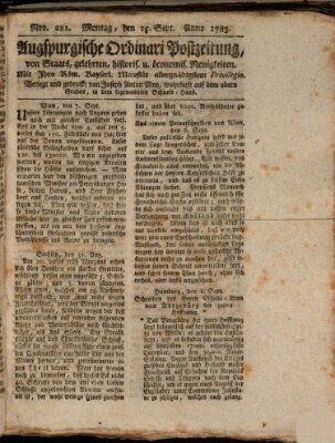 Augsburgische Ordinari Postzeitung von Staats-, gelehrten, historisch- u. ökonomischen Neuigkeiten (Augsburger Postzeitung) Montag 15. September 1783