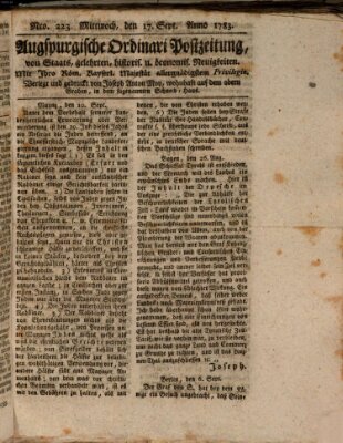 Augsburgische Ordinari Postzeitung von Staats-, gelehrten, historisch- u. ökonomischen Neuigkeiten (Augsburger Postzeitung) Mittwoch 17. September 1783