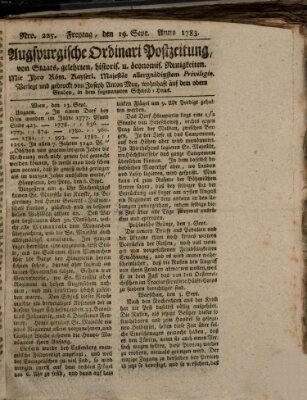 Augsburgische Ordinari Postzeitung von Staats-, gelehrten, historisch- u. ökonomischen Neuigkeiten (Augsburger Postzeitung) Freitag 19. September 1783