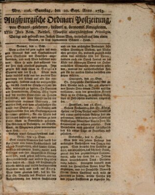 Augsburgische Ordinari Postzeitung von Staats-, gelehrten, historisch- u. ökonomischen Neuigkeiten (Augsburger Postzeitung) Samstag 20. September 1783