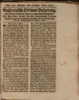 Augsburgische Ordinari Postzeitung von Staats-, gelehrten, historisch- u. ökonomischen Neuigkeiten (Augsburger Postzeitung) Freitag 26. September 1783