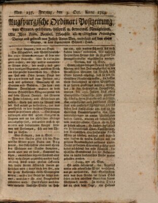 Augsburgische Ordinari Postzeitung von Staats-, gelehrten, historisch- u. ökonomischen Neuigkeiten (Augsburger Postzeitung) Freitag 3. Oktober 1783