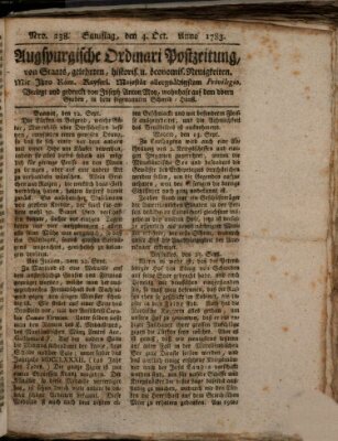 Augsburgische Ordinari Postzeitung von Staats-, gelehrten, historisch- u. ökonomischen Neuigkeiten (Augsburger Postzeitung) Samstag 4. Oktober 1783