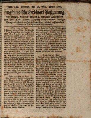 Augsburgische Ordinari Postzeitung von Staats-, gelehrten, historisch- u. ökonomischen Neuigkeiten (Augsburger Postzeitung) Freitag 28. November 1783