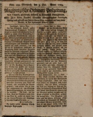 Augsburgische Ordinari Postzeitung von Staats-, gelehrten, historisch- u. ökonomischen Neuigkeiten (Augsburger Postzeitung) Mittwoch 3. Dezember 1783