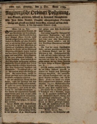 Augsburgische Ordinari Postzeitung von Staats-, gelehrten, historisch- u. ökonomischen Neuigkeiten (Augsburger Postzeitung) Freitag 5. Dezember 1783