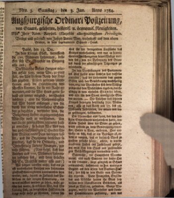 Augsburgische Ordinari Postzeitung von Staats-, gelehrten, historisch- u. ökonomischen Neuigkeiten (Augsburger Postzeitung) Samstag 3. Januar 1784