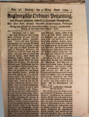 Augsburgische Ordinari Postzeitung von Staats-, gelehrten, historisch- u. ökonomischen Neuigkeiten (Augsburger Postzeitung) Freitag 5. März 1784