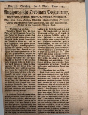 Augsburgische Ordinari Postzeitung von Staats-, gelehrten, historisch- u. ökonomischen Neuigkeiten (Augsburger Postzeitung) Samstag 6. März 1784