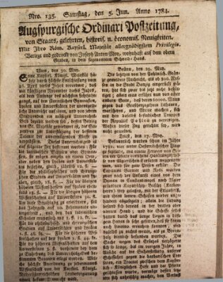 Augsburgische Ordinari Postzeitung von Staats-, gelehrten, historisch- u. ökonomischen Neuigkeiten (Augsburger Postzeitung) Samstag 5. Juni 1784