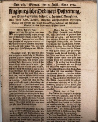 Augsburgische Ordinari Postzeitung von Staats-, gelehrten, historisch- u. ökonomischen Neuigkeiten (Augsburger Postzeitung) Montag 5. Juli 1784