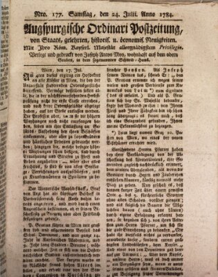 Augsburgische Ordinari Postzeitung von Staats-, gelehrten, historisch- u. ökonomischen Neuigkeiten (Augsburger Postzeitung) Samstag 24. Juli 1784