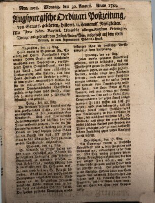 Augsburgische Ordinari Postzeitung von Staats-, gelehrten, historisch- u. ökonomischen Neuigkeiten (Augsburger Postzeitung) Montag 30. August 1784