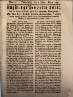 Augsburgische Ordinari Postzeitung von Staats-, gelehrten, historisch- u. ökonomischen Neuigkeiten (Augsburger Postzeitung) Donnerstag 2. September 1784