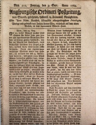 Augsburgische Ordinari Postzeitung von Staats-, gelehrten, historisch- u. ökonomischen Neuigkeiten (Augsburger Postzeitung) Freitag 3. September 1784