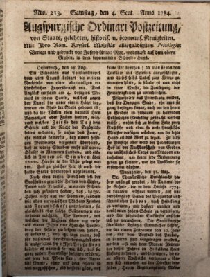 Augsburgische Ordinari Postzeitung von Staats-, gelehrten, historisch- u. ökonomischen Neuigkeiten (Augsburger Postzeitung) Samstag 4. September 1784