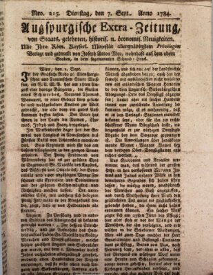 Augsburgische Ordinari Postzeitung von Staats-, gelehrten, historisch- u. ökonomischen Neuigkeiten (Augsburger Postzeitung) Dienstag 7. September 1784